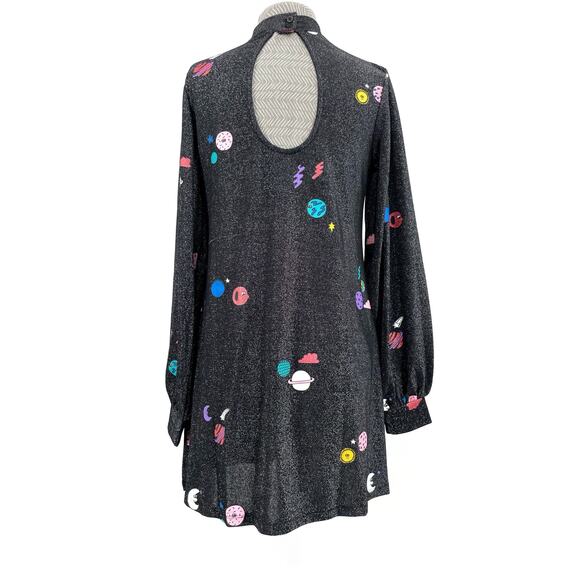 Lazy Oaf Sparkly Space Planets Black Glitter High Neck Swing Dress Long Sleeve S - Picture 3 of 16